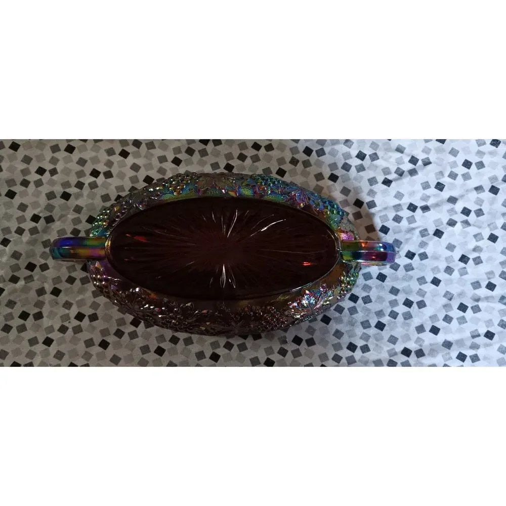 Vintage Imperial Grape Cable Carnival Glass Oval Handled Saw Tooth Rim Bowl